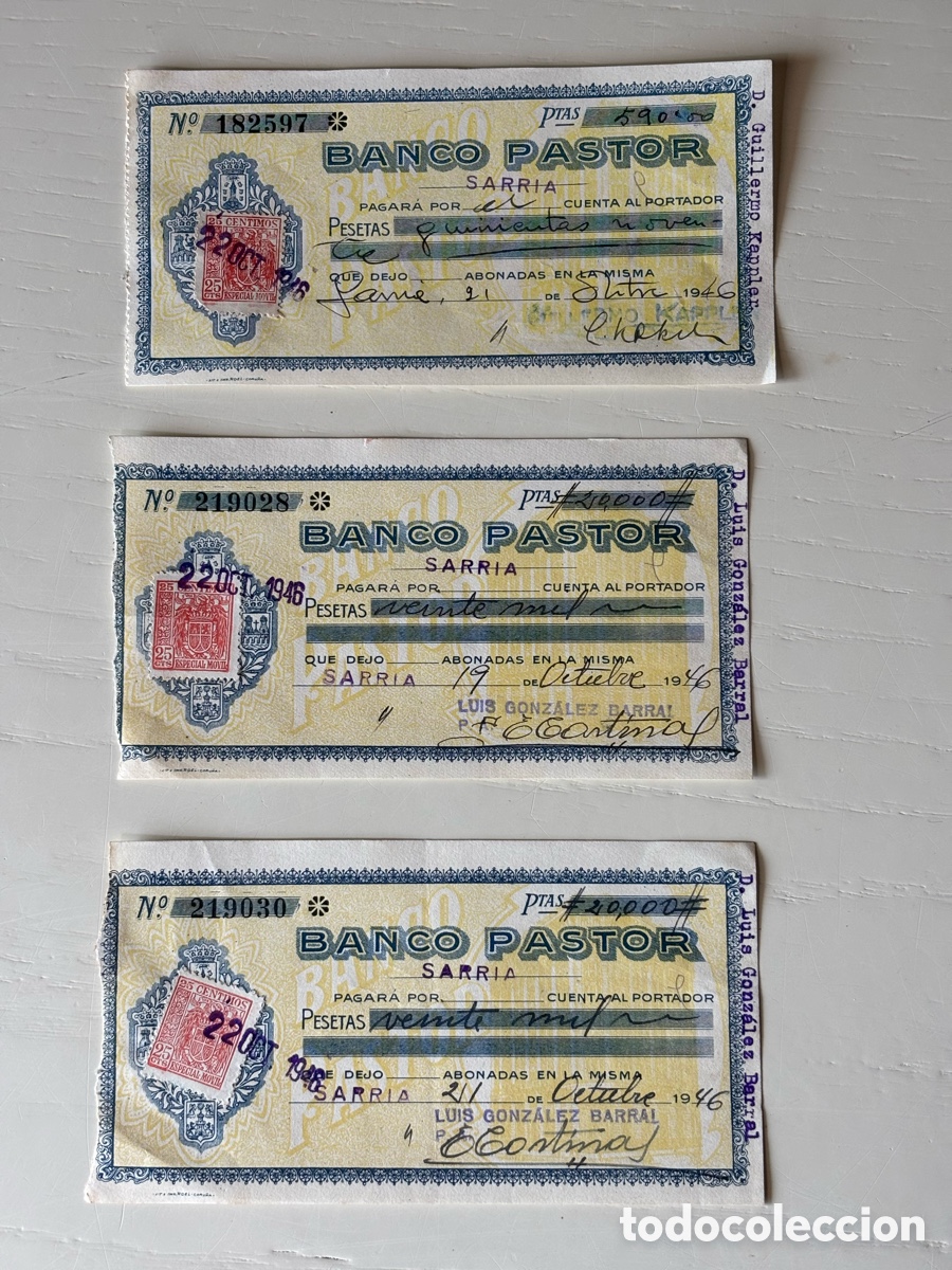 Documentos bancarios: Tr&iacute;o cheque bancarios Banco Pastor Sarria 1946