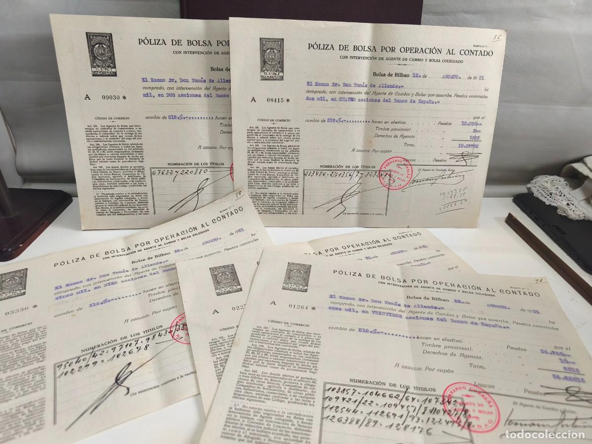 Documentos banc&aacute;rios: P&Oacute;LIZA DE BOLSA POR OPERACI&Oacute;N AL CONTADO. BOLSA DE BILBAO 1931. BANCO DE ESPA&Ntilde;A. LOTE DE 5