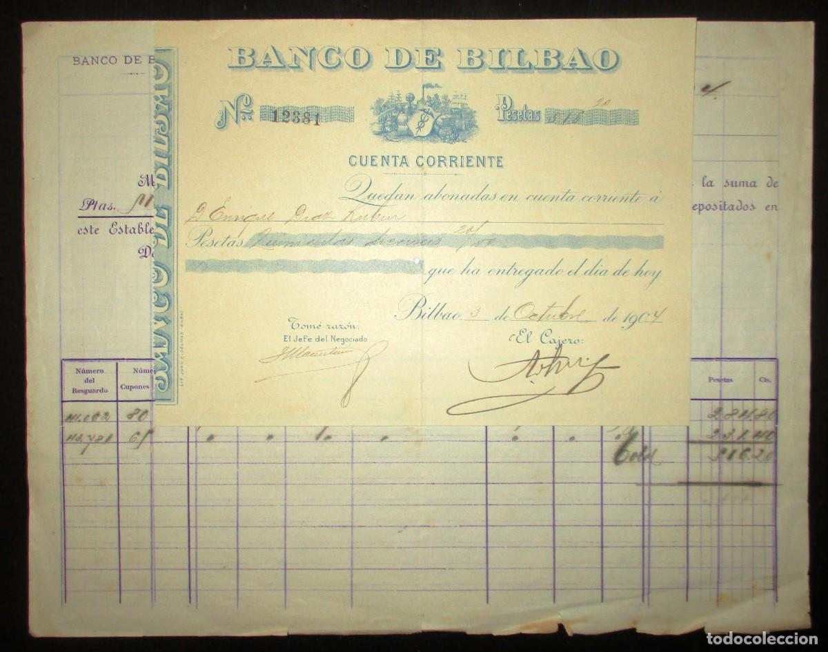 Bank Documents: BANCO DE BILBAO. DOCUMENTO DE ABONO EN CUENTA DE CUPONES DE FERROCARRILES, ORIGINAL DE 1904.