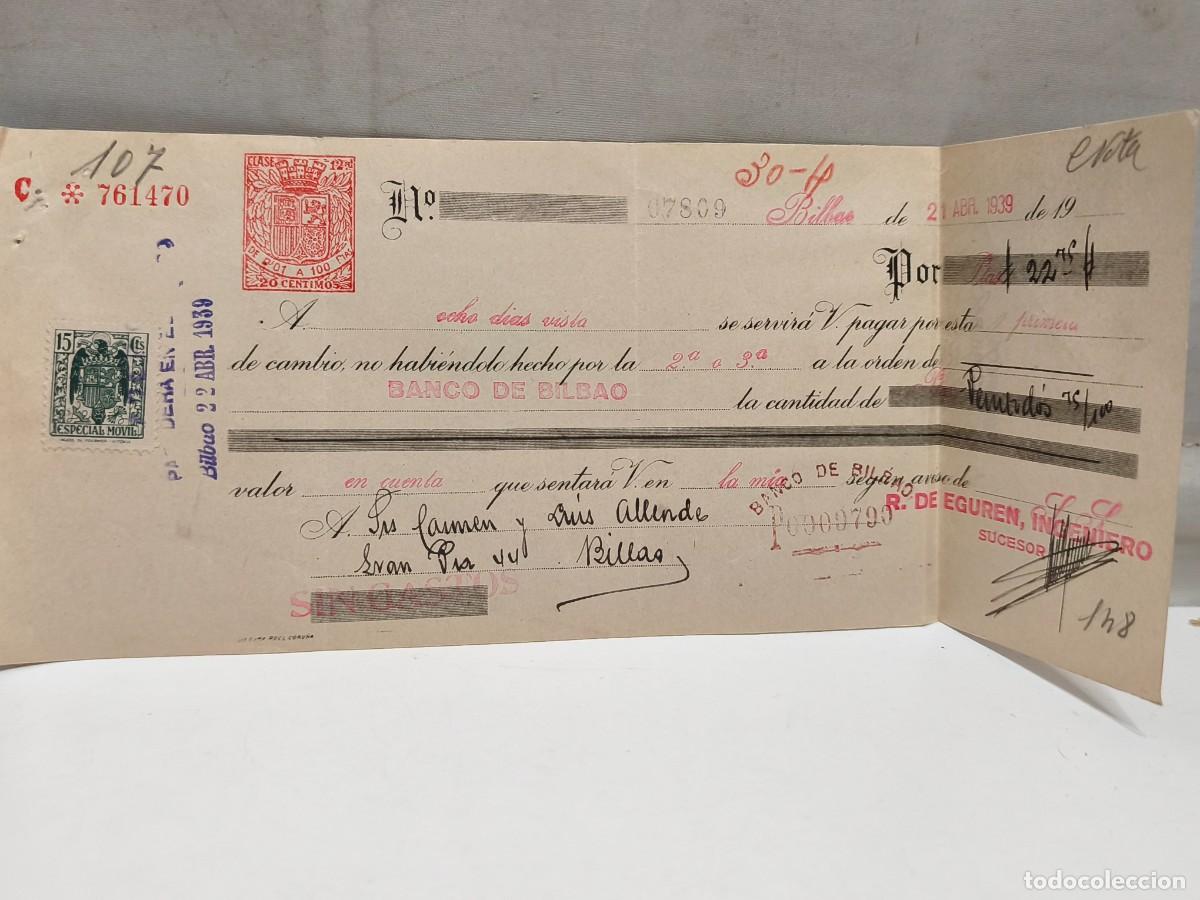 Documentos bancarios: R.DE EGUREN, INGENIERO. LETRA DE CAMBIO BANCO DE BILBAO. BILBAO 1939