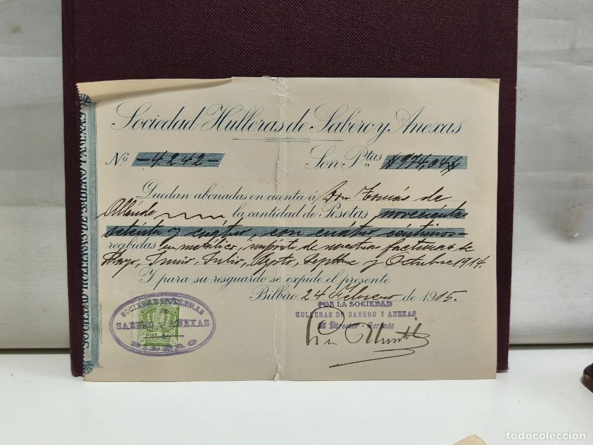 Documentos bancarios: SOCIEDAD HULLERAS DE SABERO Y ANEXAS. ANTIGUO RECIBI. BILBAO 1915.