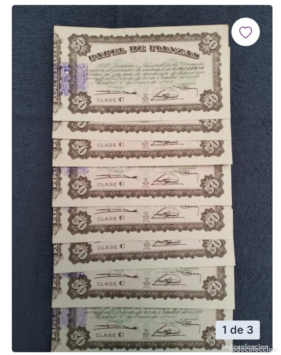 Documentos bancarios: PAPEL FIANZAS. 8 BILLETES CORRELATIVOS DE 50 PTS. A&Ntilde;OS 40