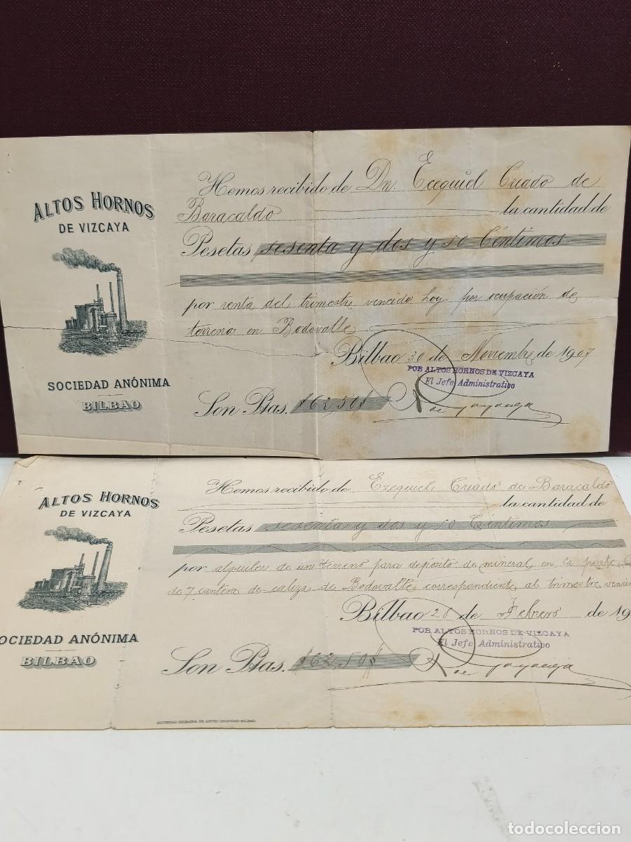 Bank Documents: ALTOS HORNOS DE VIZCAYA. SOCIEDAD AN&Oacute;NIMA. BILBAO 1907. ANTIGUO RECIB&Iacute;. CONJUNTO DE 2. MINERALES