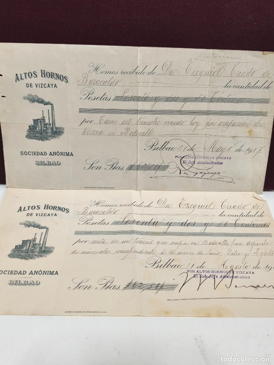 Documentos bancarios: ALTOS HORNOS DE VIZCAYA. SOCIEDAD AN&Oacute;NIMA. BILBAO 1907. ANTIGUO RECIB&Iacute;. CONJUNTO DE 2.