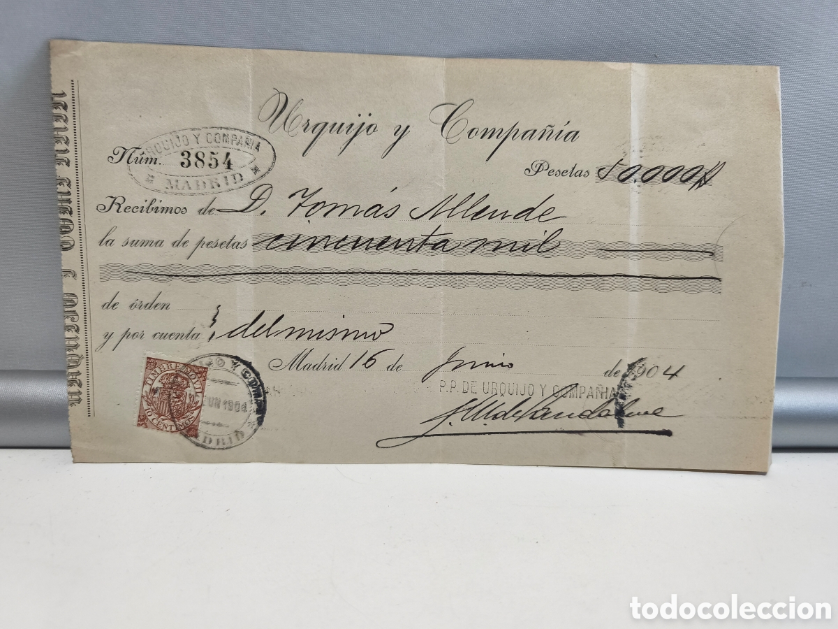 Bank Documents: URQUIJO Y COMPA&Ntilde;IA. ANTIGUO RECIB&Iacute;. MADRID 1904.