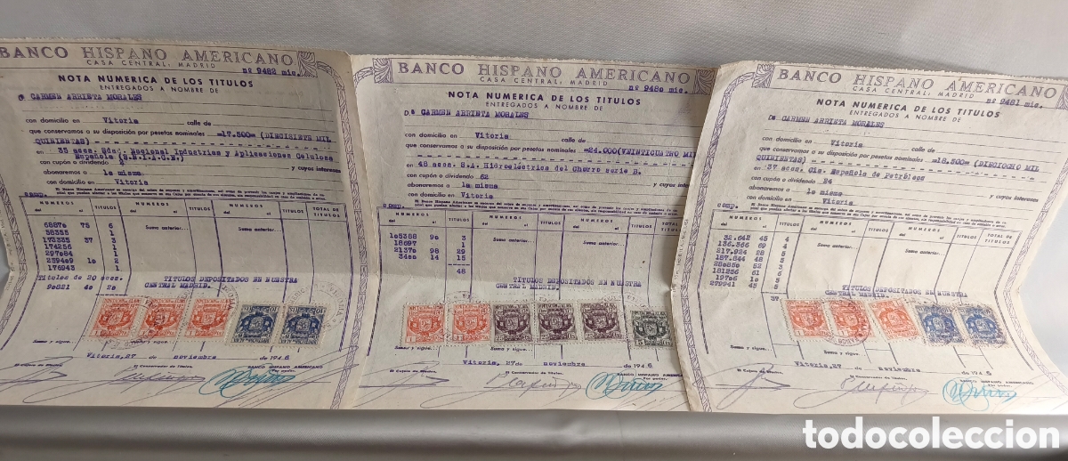 Bank Documents: BANCO HISPANO AMERICANO. CASA CENTRAL MADRID. NOTA NUMERICA DE LOS TITULOS. VITORIA 1946