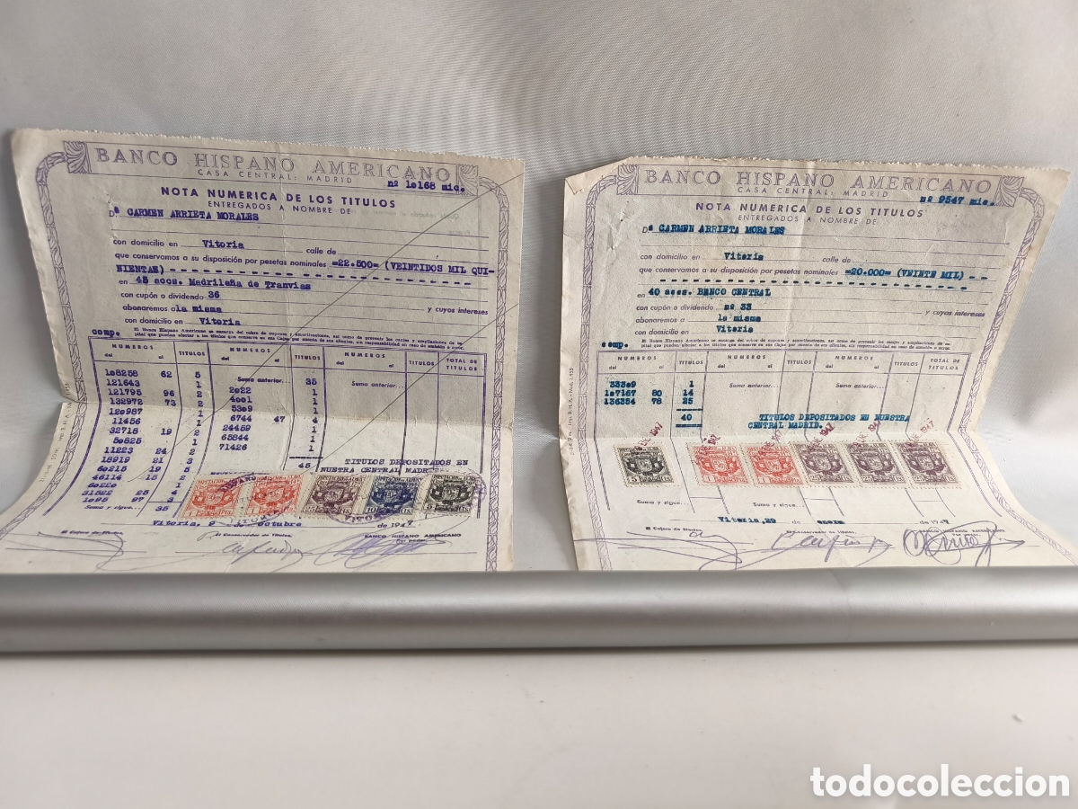 Documenti bancari: BANCO HISPANO AMERICANO. CASA CENTRAL MADRID. NOTA NUMERICA DE LOS TITULOS. VITORIA 1947
