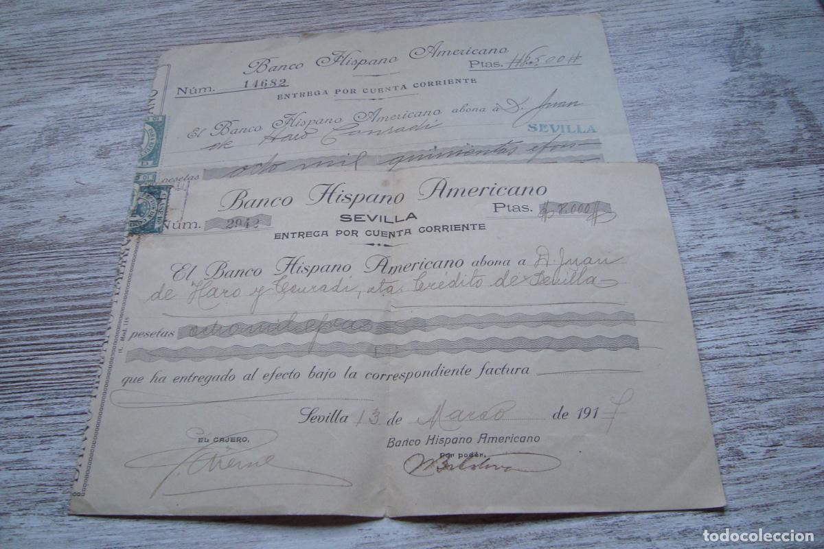 Documentos bancarios: DOS ANTIGUOS RECIBOS BANCO HISPANO AMERICANO SEVILLA 1917-1918. HARO Y CONRADI.