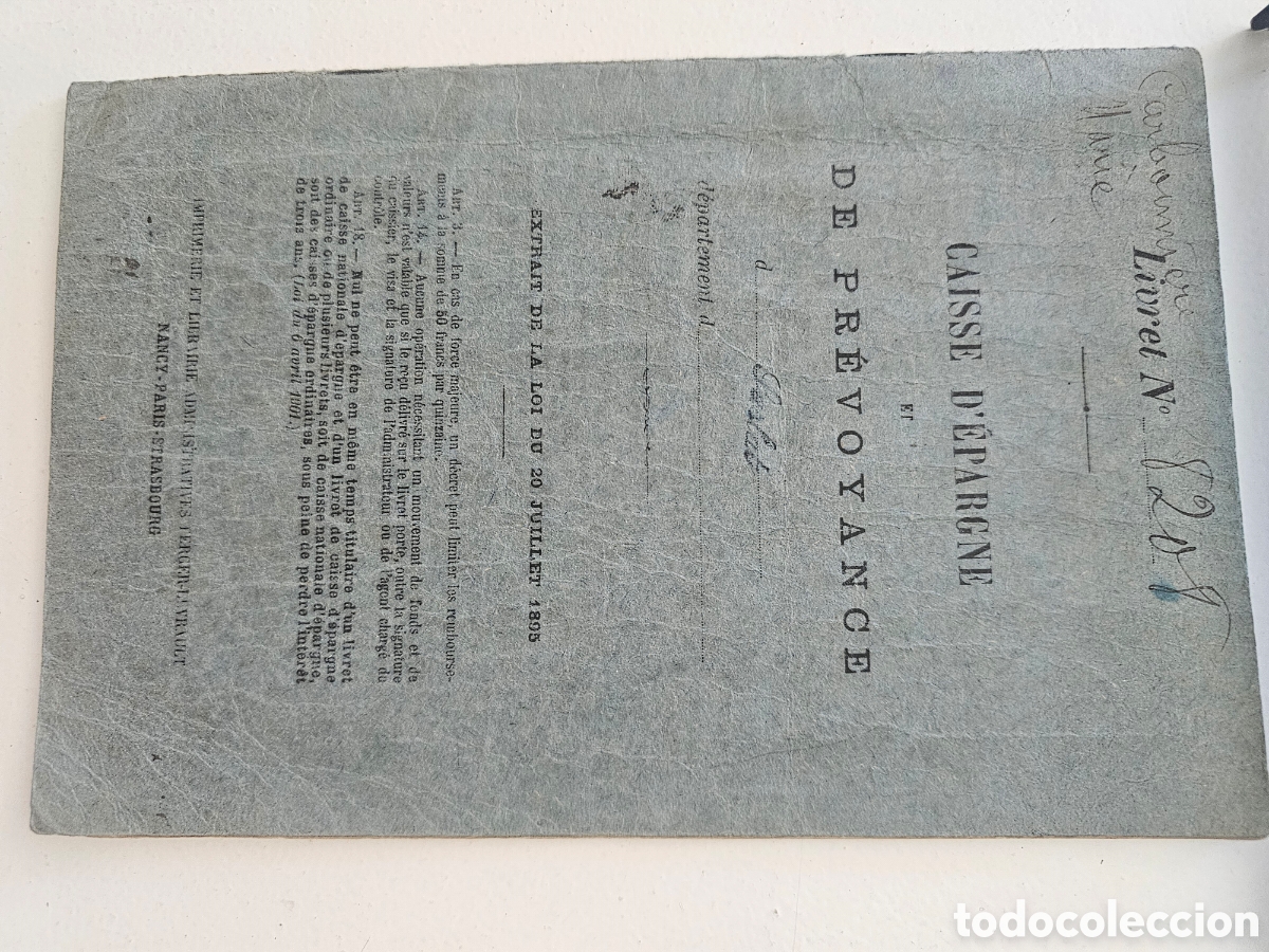 Documentos bancarios: Antiguo Libret de Caja de Ahorros Francesa Caisse d'&Eacute;pargne Anos 1920-1940 Marie Celit Carbonniere