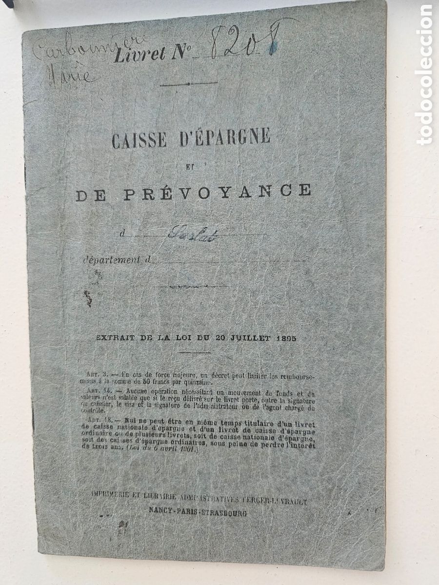 Documentos bancarios: 2&ordf; G M Libreta Caja de Ahorros Francesa Caisse d'&Eacute;pargne Anos 1920-1940 Marie Celit Carbonniere