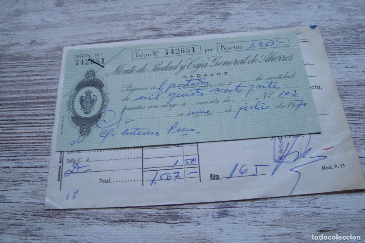 Documentos bancarios: ANTIGUO CHEQUE Y RECIBO MONTE PIEDAD CAJA AHORROS BADAJOZ 1970.