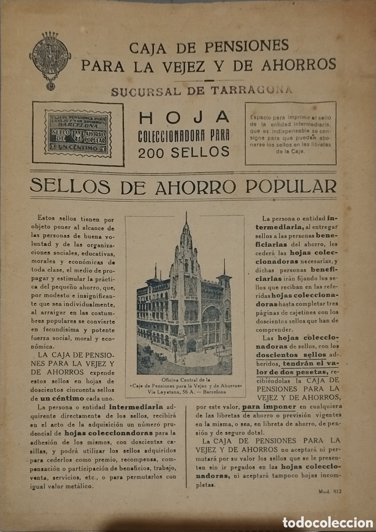 Documentos bancarios: Antigua Hoja Coleccionadora Ahorro Popular Caja de Pensiones - Sucursal Tarragona - A&ntilde;os 20/30