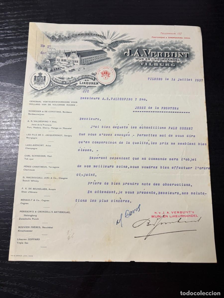 Documentos bancarios: CARTA COMERCIAL. J.A. VERBUNT. WIJN EN LIKEURHANDEL. COMERCIO DE VINOS Y LICORES. TILBURG, 1927