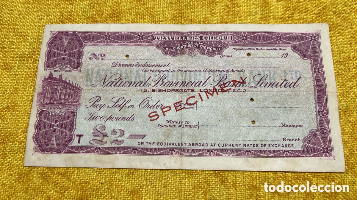 Documentos bancarios: Cheque Specimen 2 Libras / Muestra Bancaria (&pound;2). Circa 1930-1950.