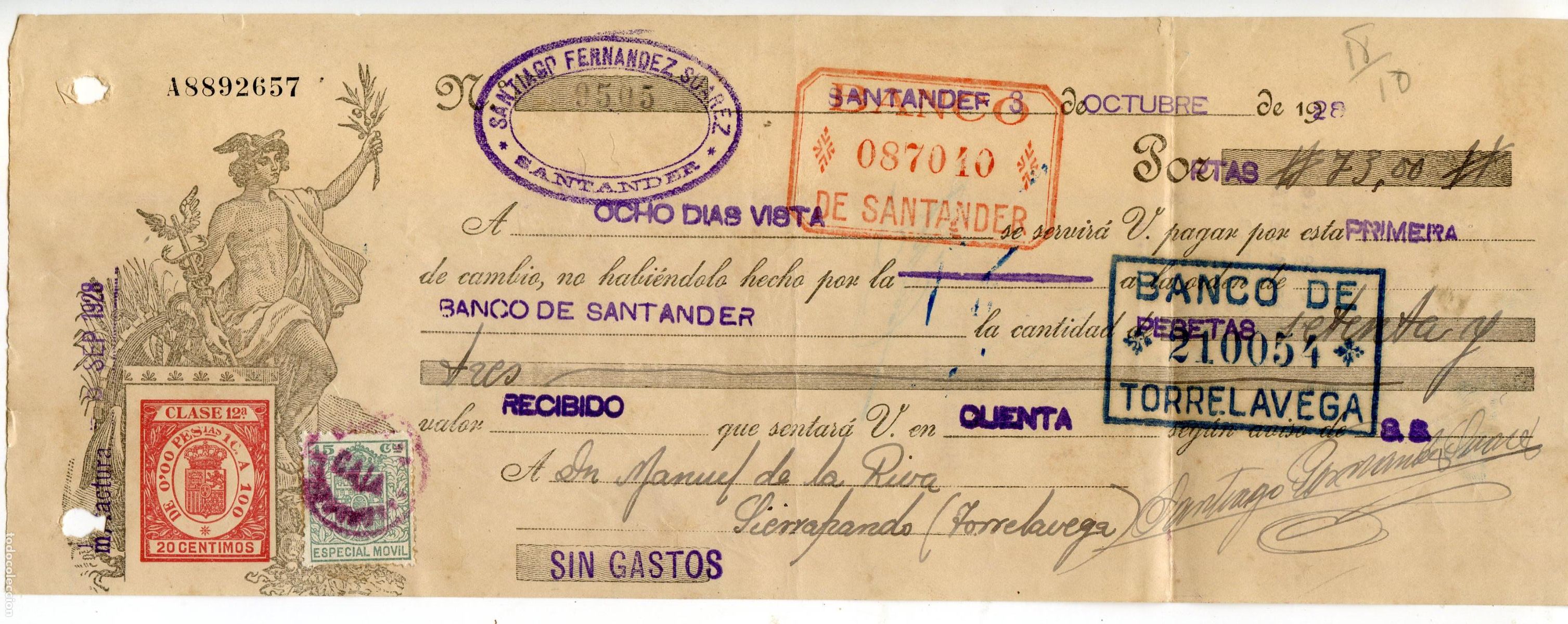 Documentos bancarios: Letra de cambio, Banco de Torrelavega y Banco de Santander, 1928