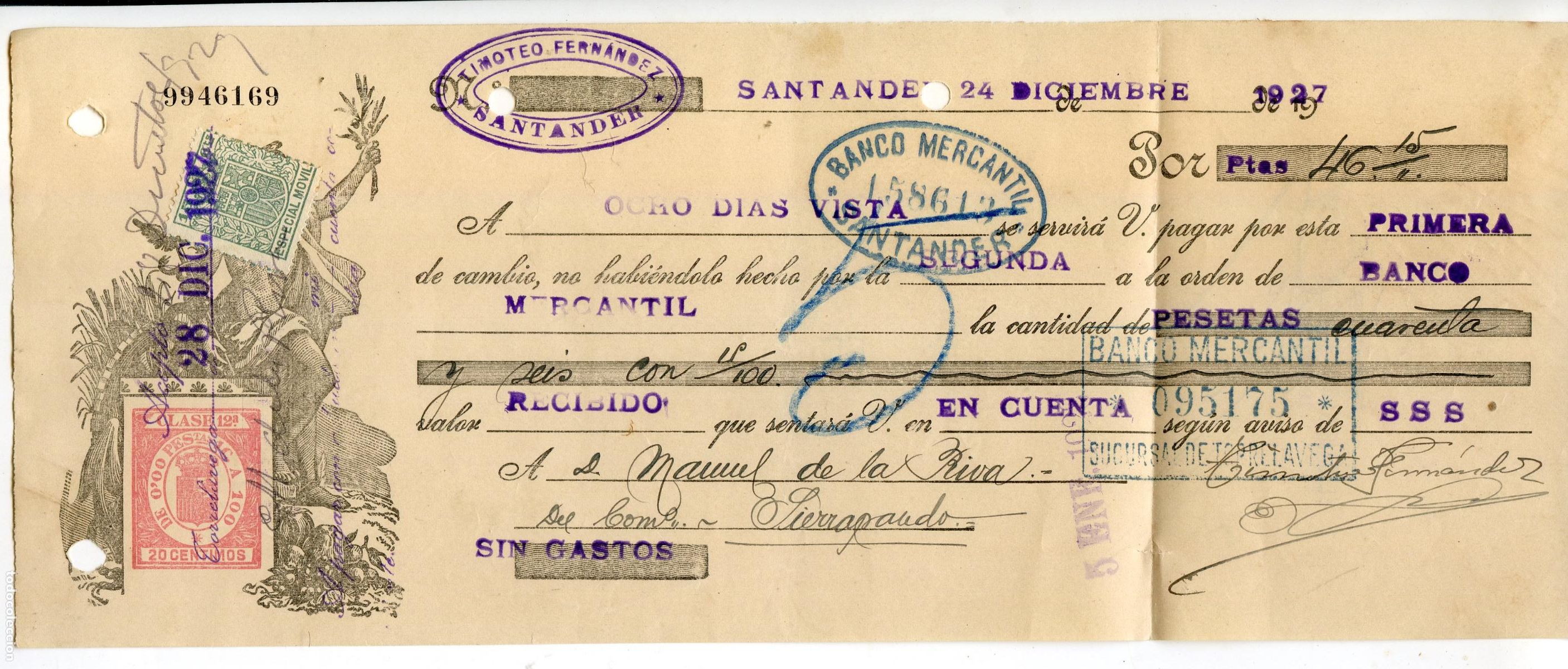 Documentos bancarios: Letra de cambio, Banco Mercantil de Santander sucursal de Torrelavega, 1927