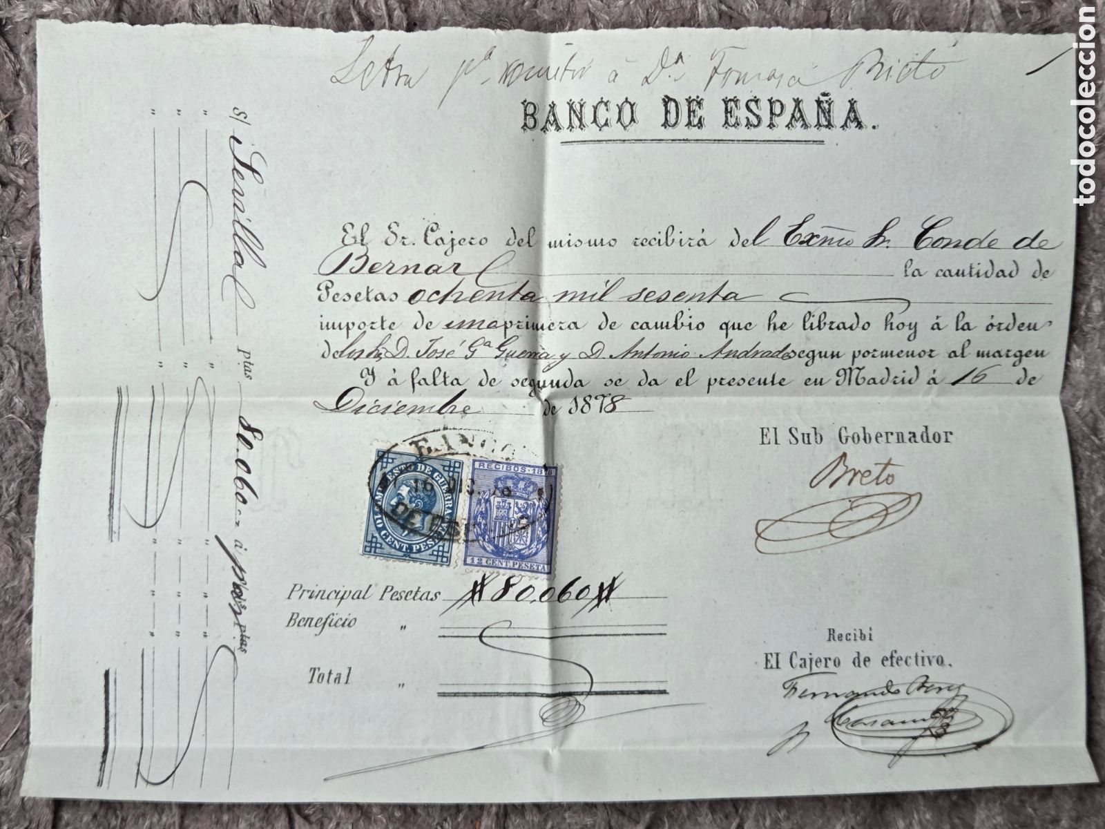 Documenti bancari: LETRA DE CAMBIO 1878 BANCO DE ESPA&Ntilde;A 80.060 PESETAS