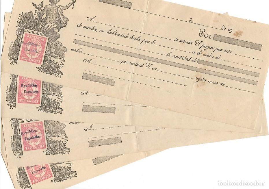 Documentos banc&aacute;rios: Lote 4 Letras de Cambio REP&Uacute;BLICA ESPA&Ntilde;OLA - Sobrecarga Oficial - 20 C&eacute;ntimos (Clase 12&ordf;)