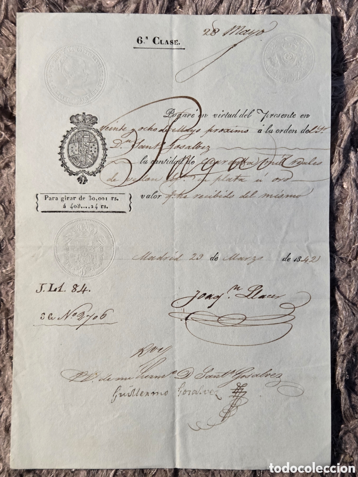 Bankdokumente: MADRID 1842 PAGAR&Eacute; DE 40.000 REALES DE VELL&Oacute;N
