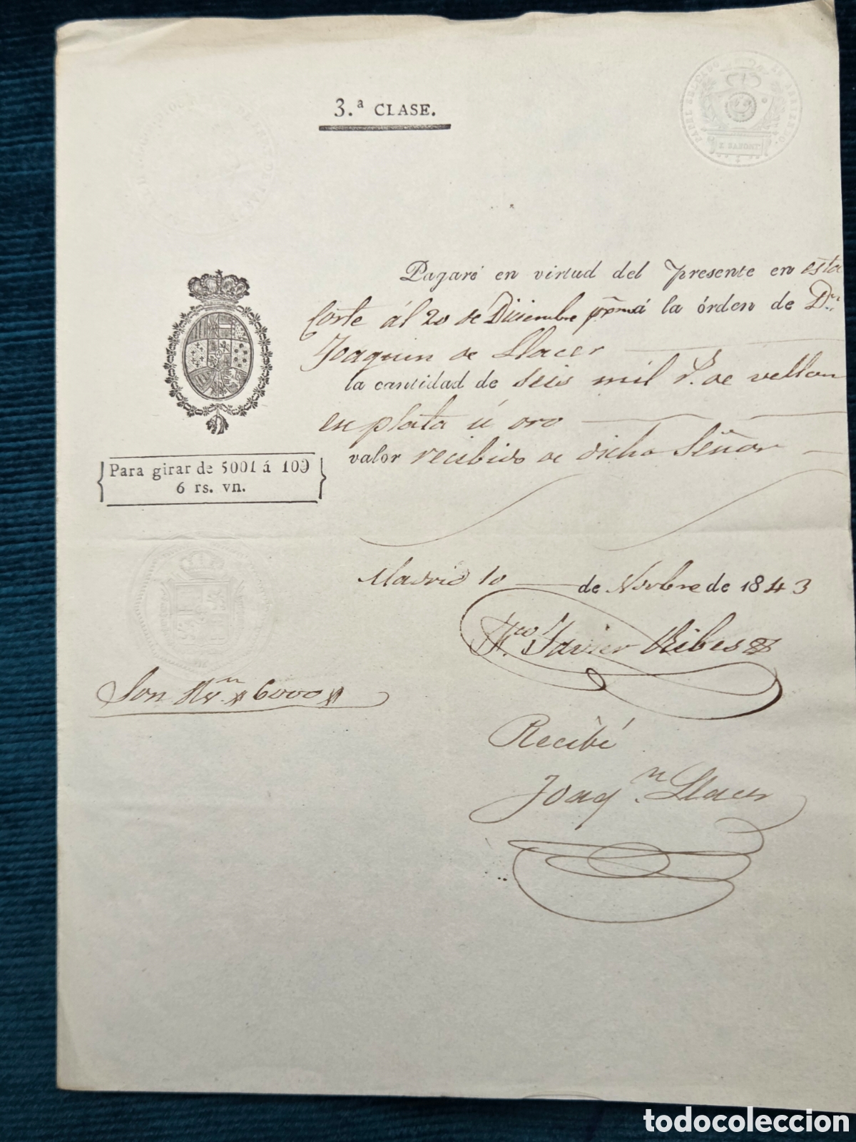 Bank Documents: MADRID 1843 PAGAR&Eacute; de 3&deg; clase DE 6000 REALES DE VELL&Oacute;N