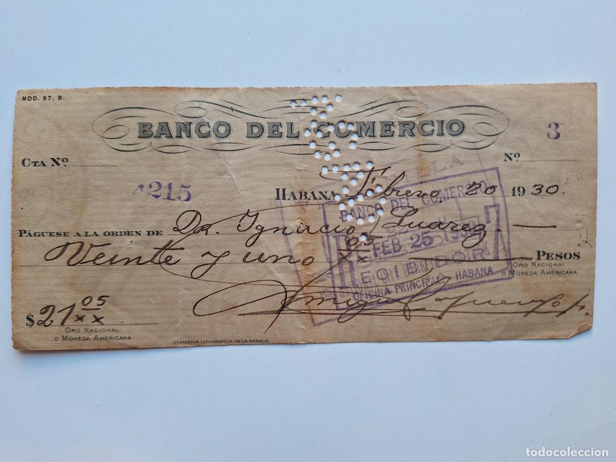 Documentos bancarios: ANTIGUO DOCUMENTO CHEQUE BANCARIO 21 PESOS BANCO DE COMERCIO HABANA CUBA A&Ntilde;O 1930 RV