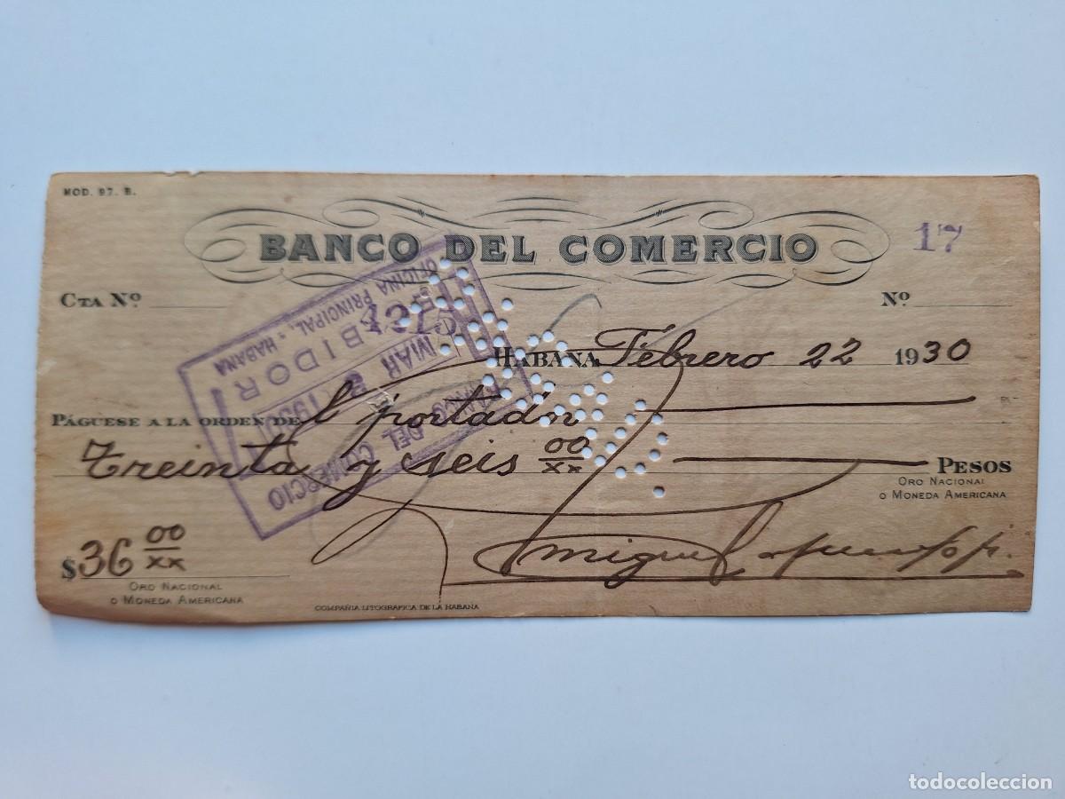 Documentos bancarios: ANTIGUO DOCUMENTO CHEQUE BANCARIO 36 PESOS BANCO DE COMERCIO HABANA CUBA A&Ntilde;O 1930 RV