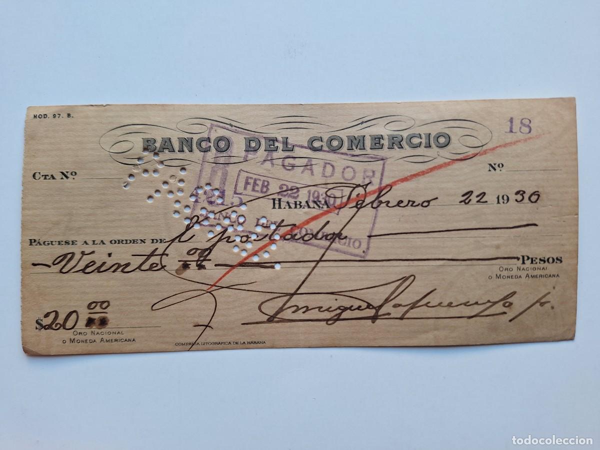 Documentos bancarios: ANTIGUO DOCUMENTO CHEQUE BANCARIO 20 PESOS BANCO DE COMERCIO HABANA CUBA A&Ntilde;O 1930 RV