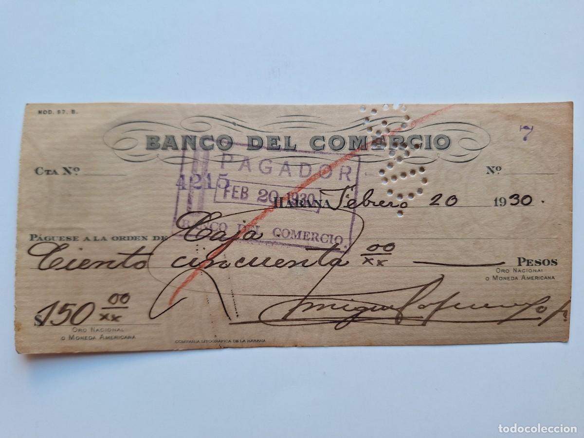 Documentos bancarios: ANTIGUO DOCUMENTO CHEQUE BANCARIO 150 PESOS BANCO DE COMERCIO HABANA CUBA A&Ntilde;O 1930 RV