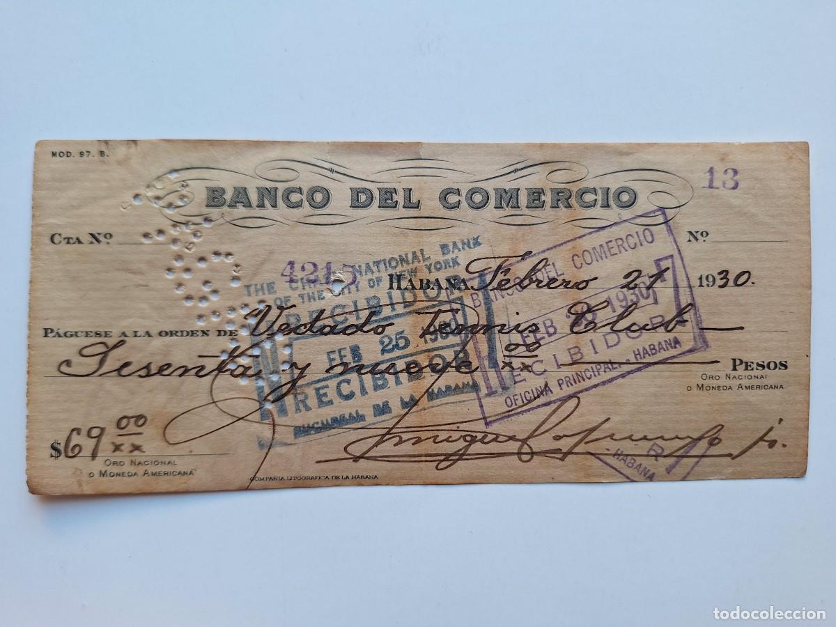Documentos bancarios: ANTIGUO DOCUMENTO CHEQUE BANCARIO 69 PESOS BANCO DE COMERCIO HABANA CUBA A&Ntilde;O 1930 RV