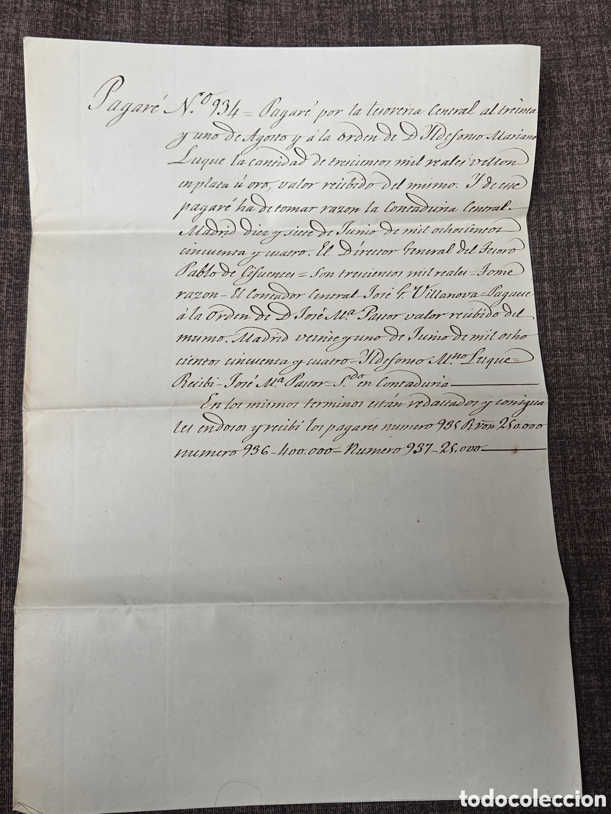 Documenti bancari: 1854 PAGAR&Eacute; DEL TESORO DE 300.000 Reales de Vell&oacute;n en Plata u oro.