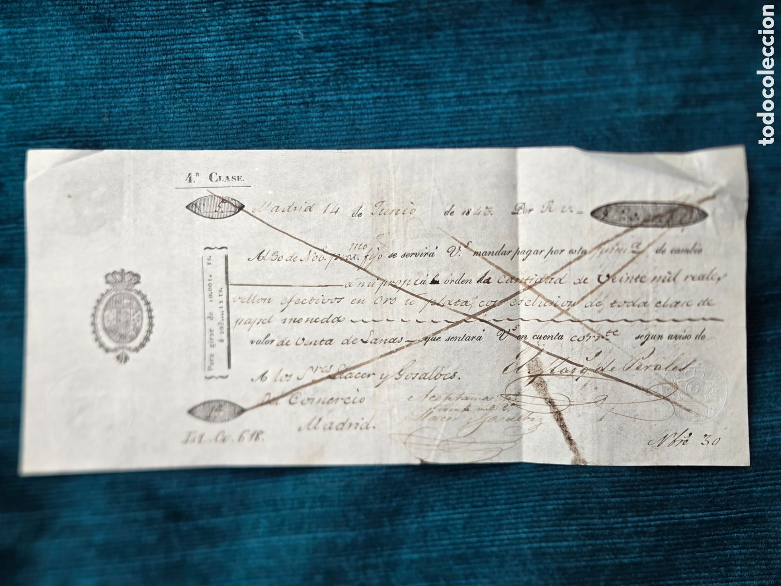 Bankdokumente: MADRID 1845 LETRA DE CAMBIO DE 20.000 Reales de Vell&oacute;n