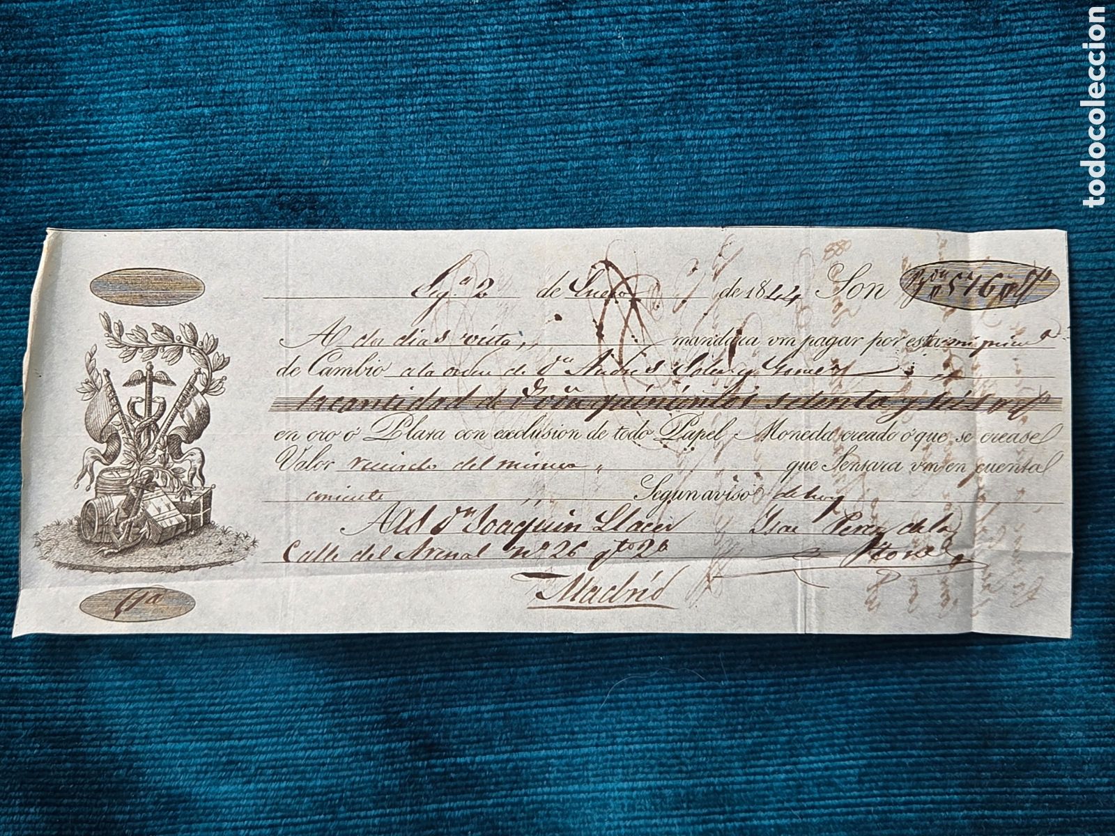 Bankdokumente: MADRID 1844 LETRA DE CAMBIO 576 Reales de Vell&oacute;n.