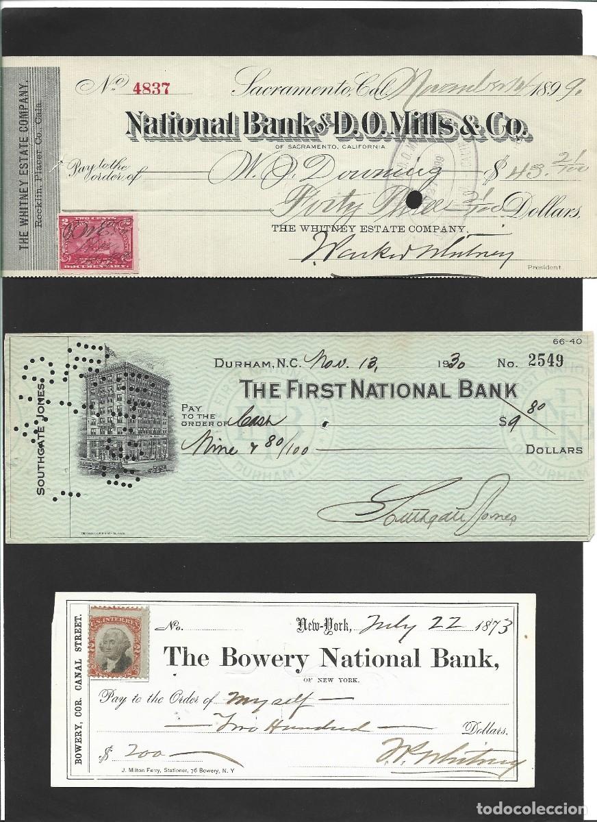 Documentos banc&aacute;rios: Lote (3) 12 Cheques muy Antiguos Estados Unidos a&ntilde;os 1870s a 1900s.