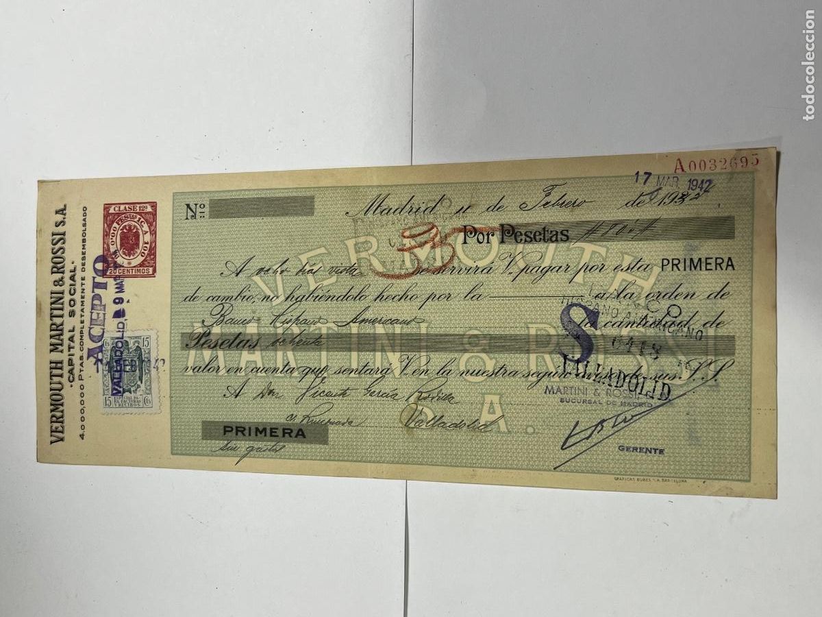 Documenti bancari: LETRA DE CAMBIO. 1942. VALLADOLID. VERMOUTH MARTINI ROSSI S.A.