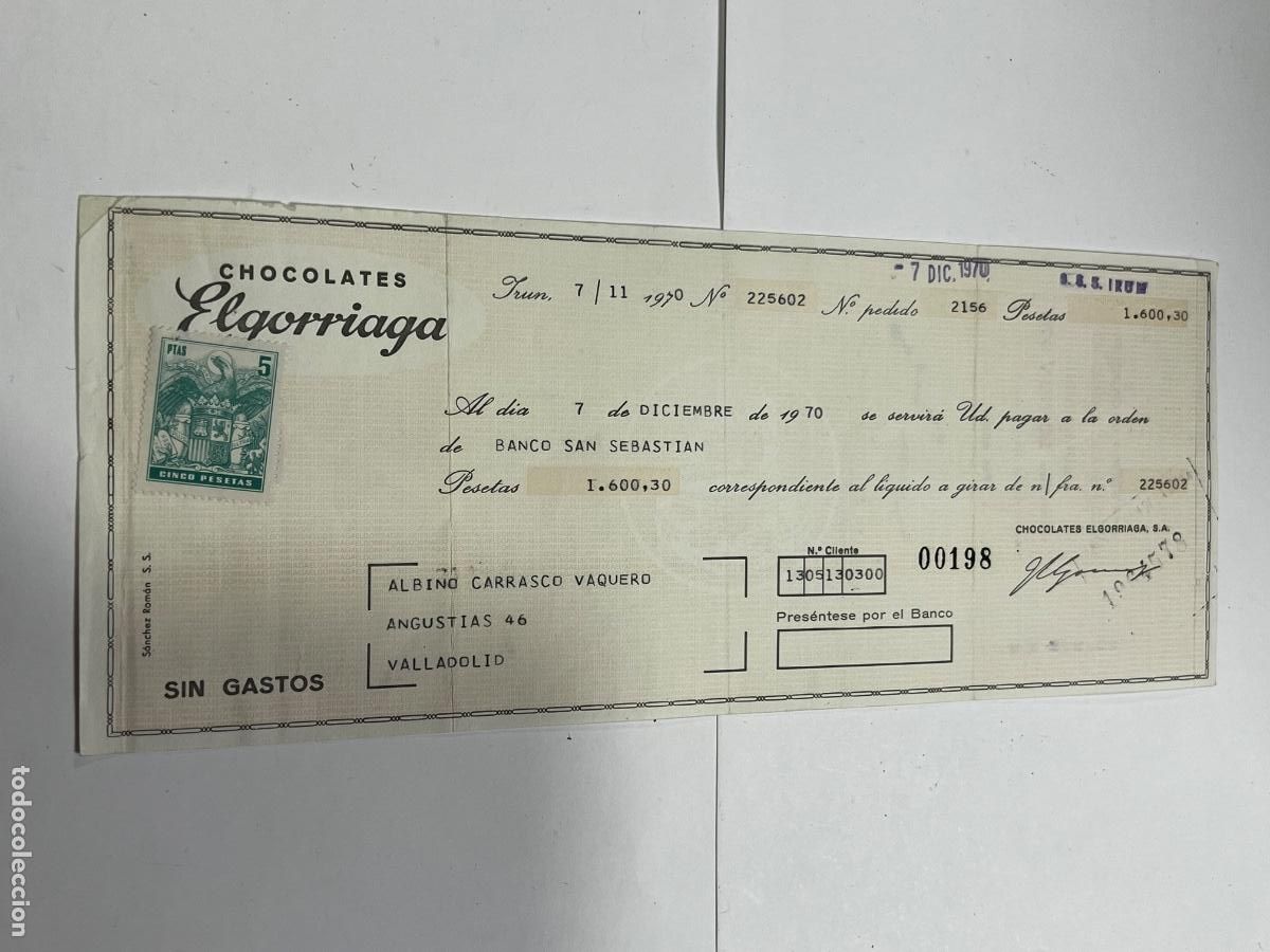 Documenti bancari: LETRA DE CAMBIO. 1970. BANCO SAN SEBASTI&Aacute;N. CHOCOLATES ELGORRIAGA.
