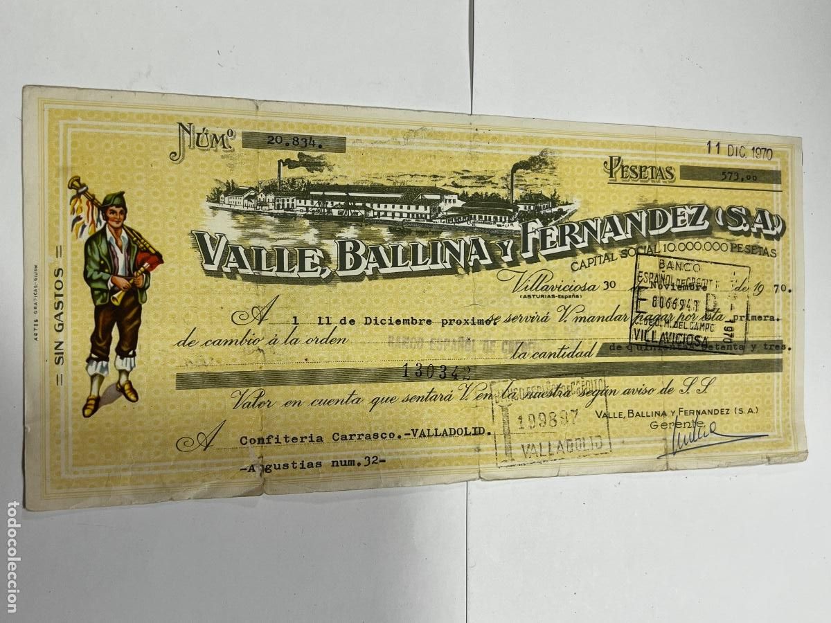 Documenti bancari: LETRA DE CAMBIO. 1970. VILLAVICIOSA. VALLE, BALLINA Y FERN&Aacute;NDEZ S.A.