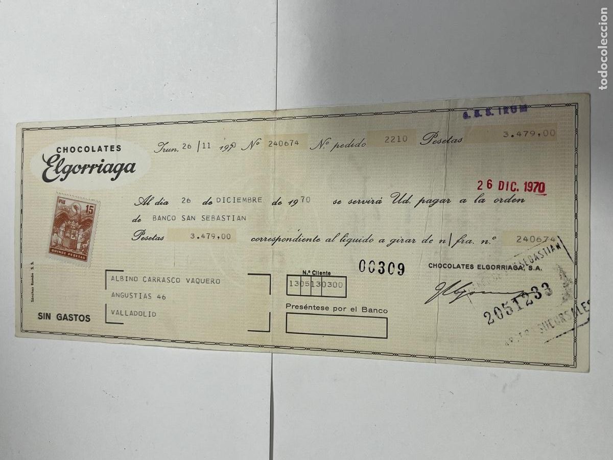 LETRA DE CAMBIO. 1970. IR&Uacute;N. CHOCOLATES ELGORRIAGA.