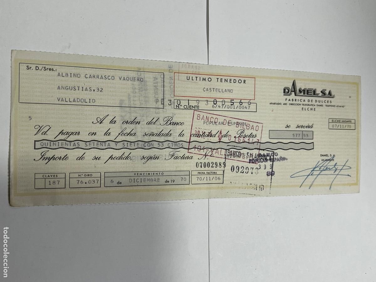 Documentos bancarios: LETRA DE CAMBIO. 1970. ELCHE. D&Aacute;MELO S.A. - Foto 1