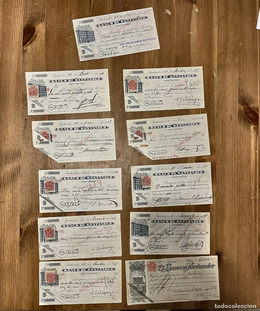Documentos bancarios: 12 CHEQUES BANCO DE SANTANDER 1937 1938 GUERRA CIVIL ORCONERA IRON ORE FERROCARRIL BILBAO