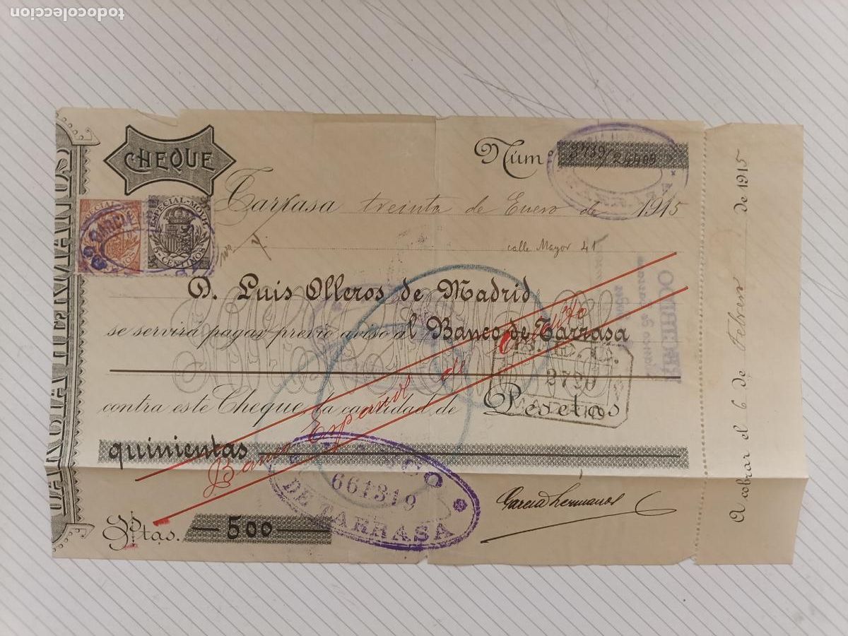 Documents bancaires: Cheque Garc&iacute;a Hermanos. Banco de Tarrasa 1915. Timbres fiscales