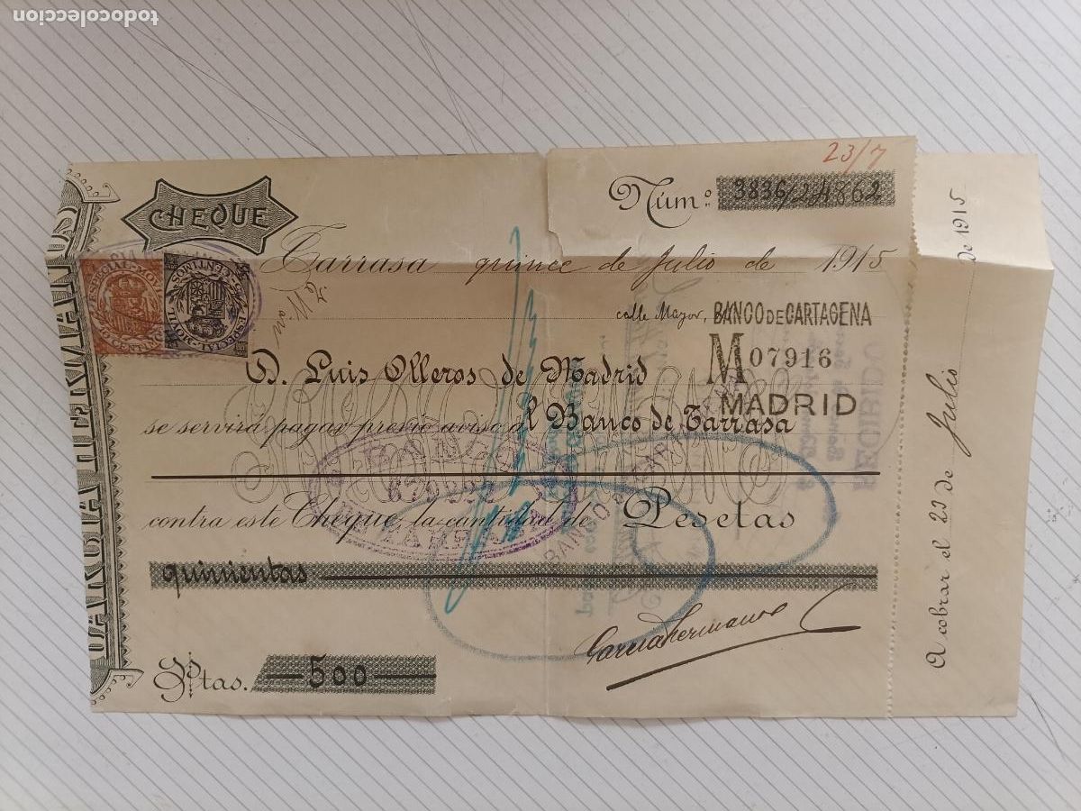 Documenti bancari: Cheque Garc&iacute;a Hermanos. Banco de Tarrasa 1915. Timbres fiscales