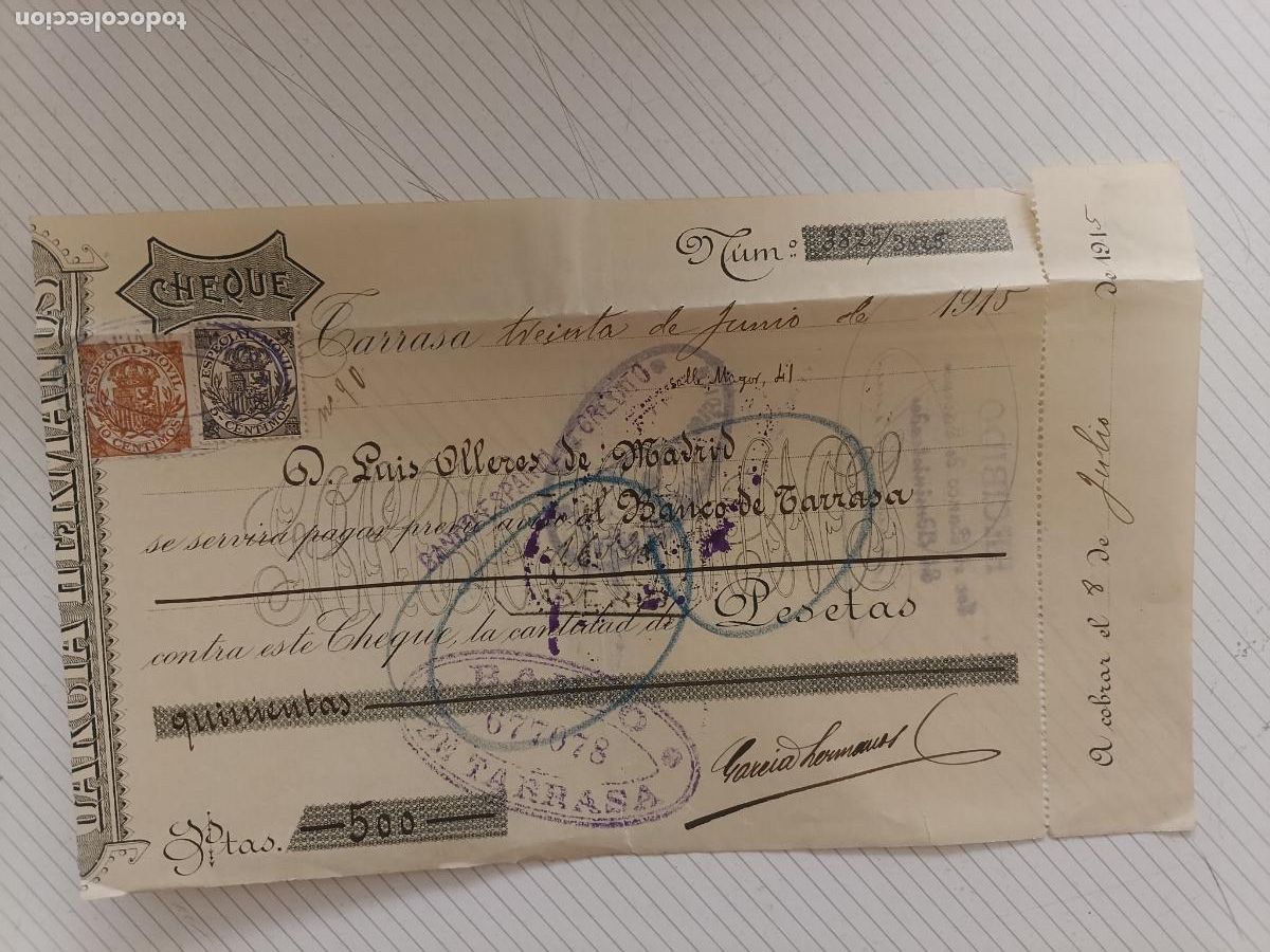 Documenti bancari: Cheque Garc&iacute;a Hermanos. Banco de Tarrasa 1915. Timbres fiscales