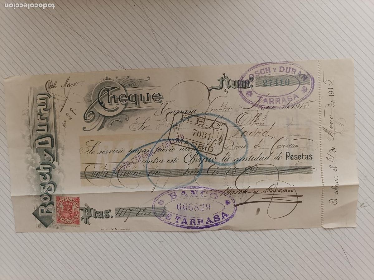 Documentos bancarios: Cheque Bosch y Dur&aacute;n. Banco de Tarrasa 1915. Timbre fiscal