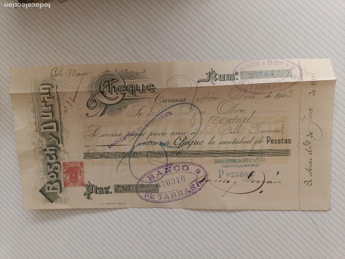 Documentos bancarios: Cheque Bosch y Dur&aacute;n. Banco de Tarrasa 1915. Timbre fiscal