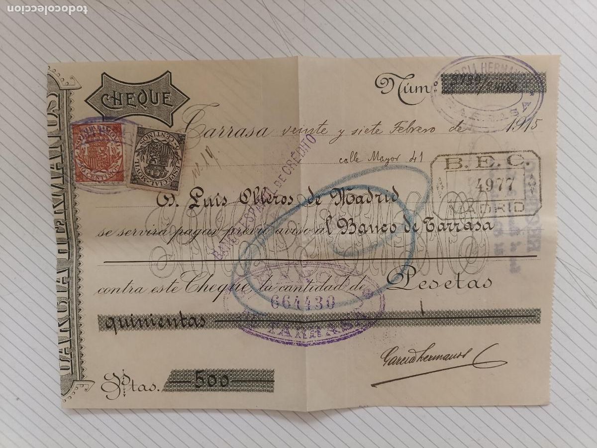 Documenti bancari: Cheque Garc&iacute;a Hermanos. Banco de Tarrasa 1915. Timbres fiscales