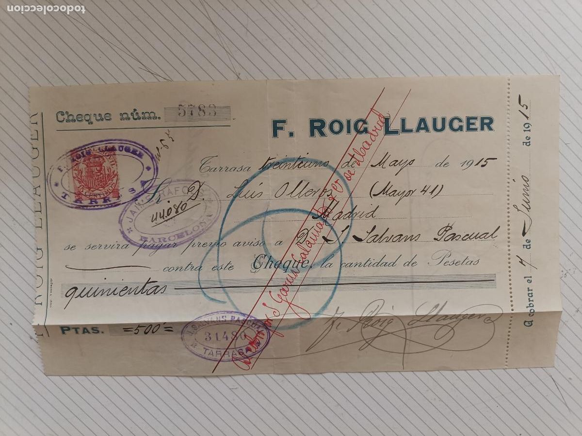Documenti bancari: Cheque F. Roig Llauger. Tarrasa 1915. Timbre fiscal
