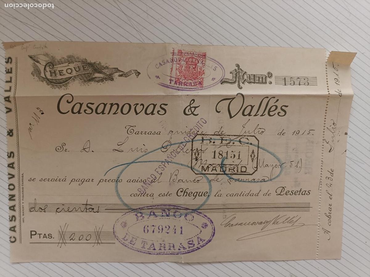 Documenti bancari: Cheque Casanovas y Vall&eacute;s. Tarrasa 1915. Timbre fiscal