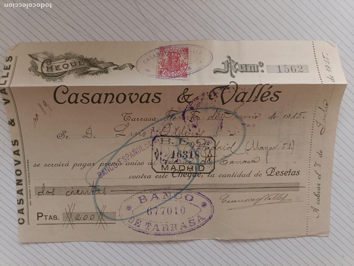 Documenti bancari: Cheque Casanovas y Vall&eacute;s. Tarrasa 1915. Timbre fiscal
