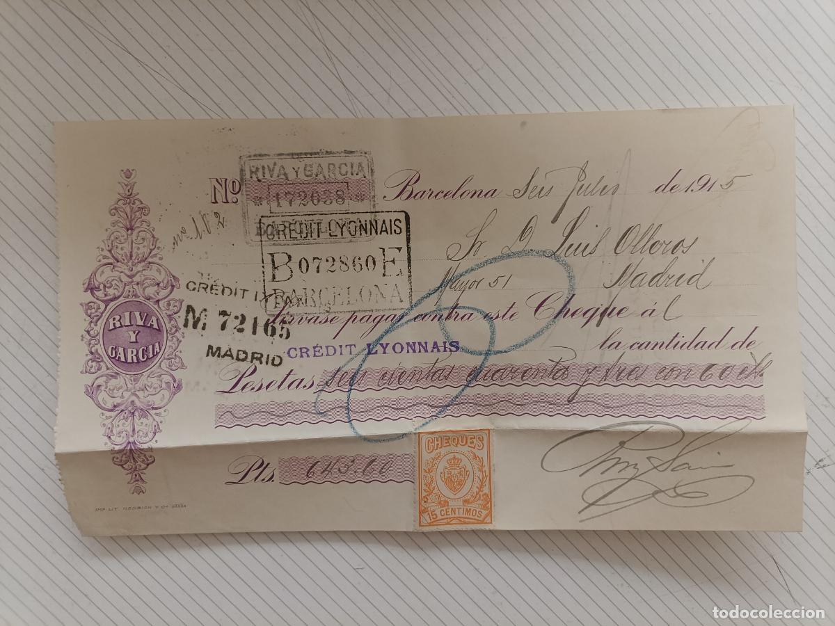 Documenti bancari: Cheque Riva y Garc&iacute;a 1915. Timbre fiscal, Sello fiscal cheques 15 c&eacute;ntimos