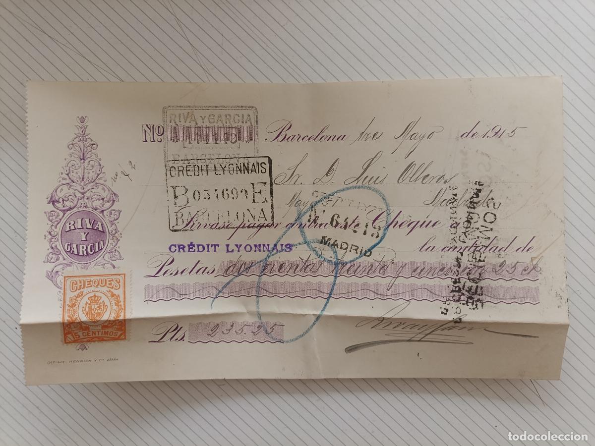 Documenti bancari: Cheque Riva y Garc&iacute;a 1915. Timbre fiscal, Sello fiscal cheques 15 c&eacute;ntimos